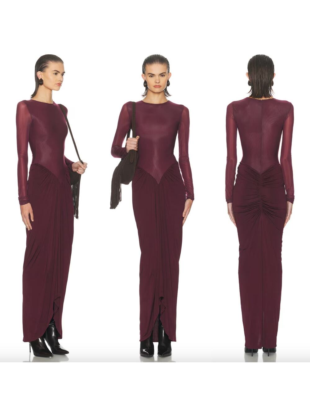 HELSA | The Margot Dress in Merlot Jersey Fitted Long Sleeve Maxi S